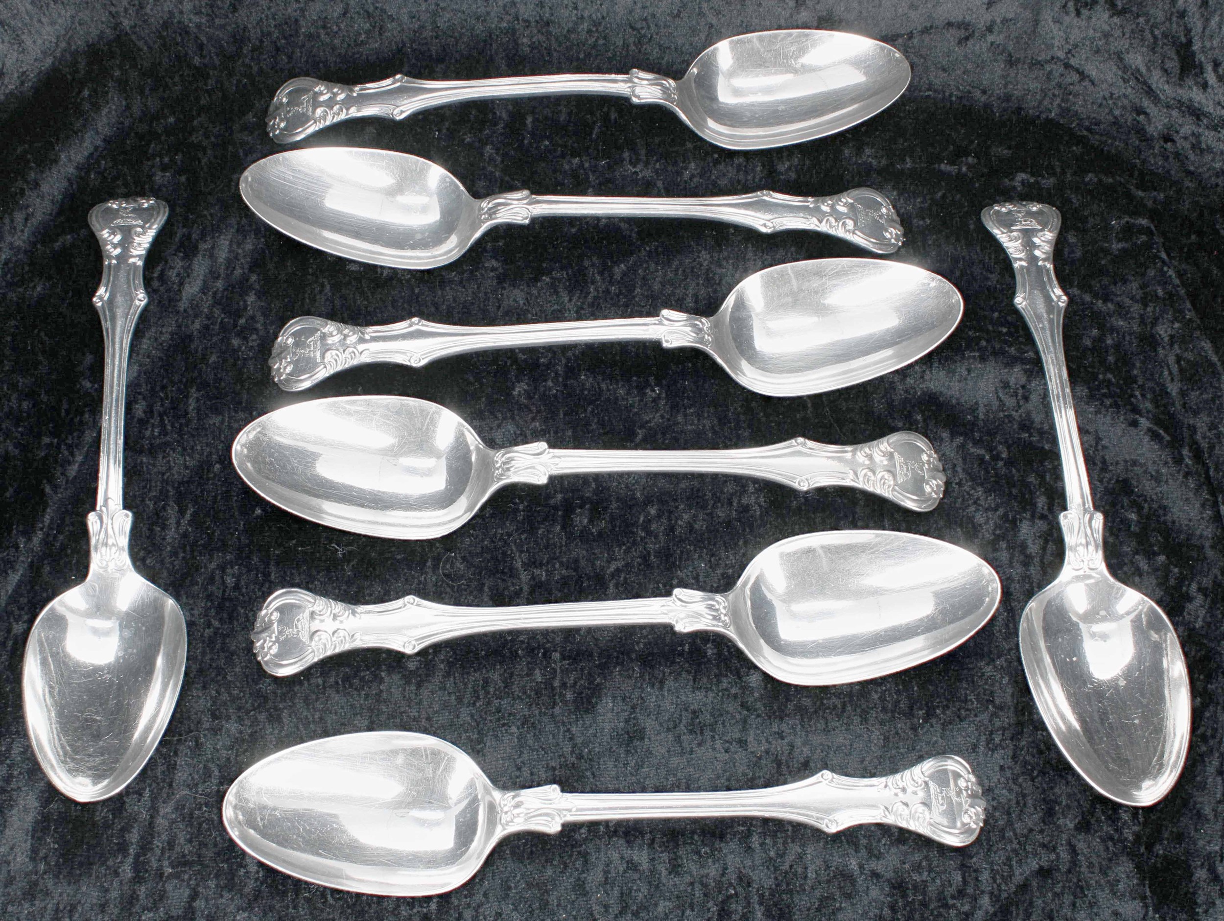 Set of eight Victorian silver table spoons, with deer crested handles, maker Charles Wallis,