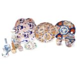Selection of mostly Japanese Imari palette porcelain and pottery, to include plates, lobed dish, jar