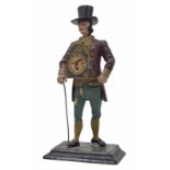 Novelty painted metal Pedlar clock, modelled as a man dressed in a red tunic, yellow waistcoat and