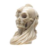 Finely carved antique ivory memento mori depicting the bust of a lady wearing Victorian era clothing