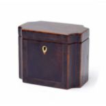 Small Georgian crossbanded tea caddy, of rectangular canted form with boxwood banding, 5.5" wide,