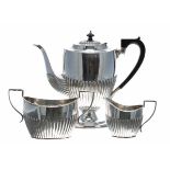 Matched late Victorian half reeded three piece silver tea set, maker Barker Brothers, Birmingham (