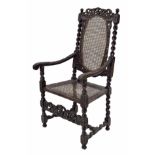 Charles II Franco-Flemish carved walnut armchair with cane back and seat, the foliate pierced