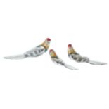 Italian graduated set of three silver and enamel models of parrots by Saturno, the largest 3.5" long