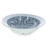 Chinese blue and white porcelain orchid pattern bowl, 11.25" diameter, 3.5" high (at fault)