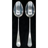 Pair of George III silver table spoons, with engraved borders to the handles, maker 'WS' (possibly