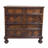Small late 17th century and later English oak chest of drawers, the planked moulded top over three