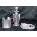 Silver cuff bangle, 4.1oz t; silver mesh link belt, 5.9oz t; also an Art Glass scent bottle with