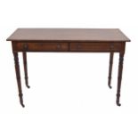 19th century mahogany side table, the cross banded top over two short drawers, raised on turned legs