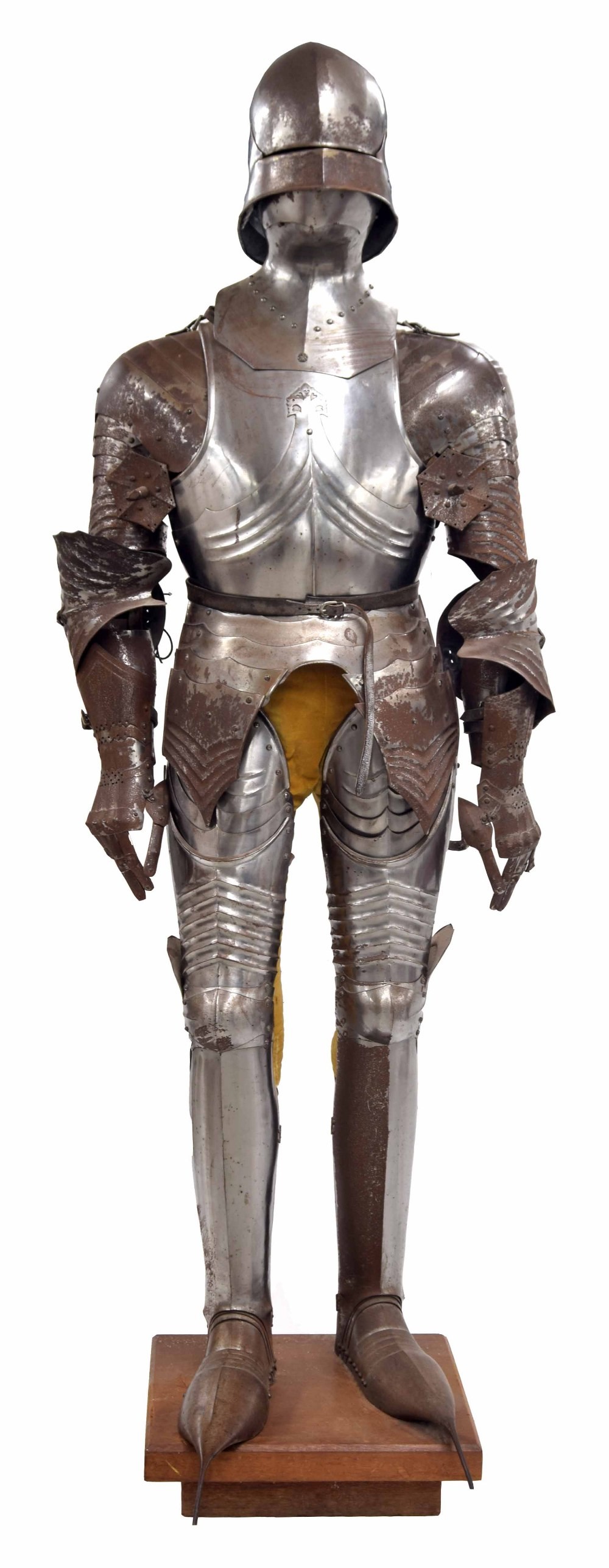 Full suit of German ceremonial steel armour for horseback in the Medieval style, including a