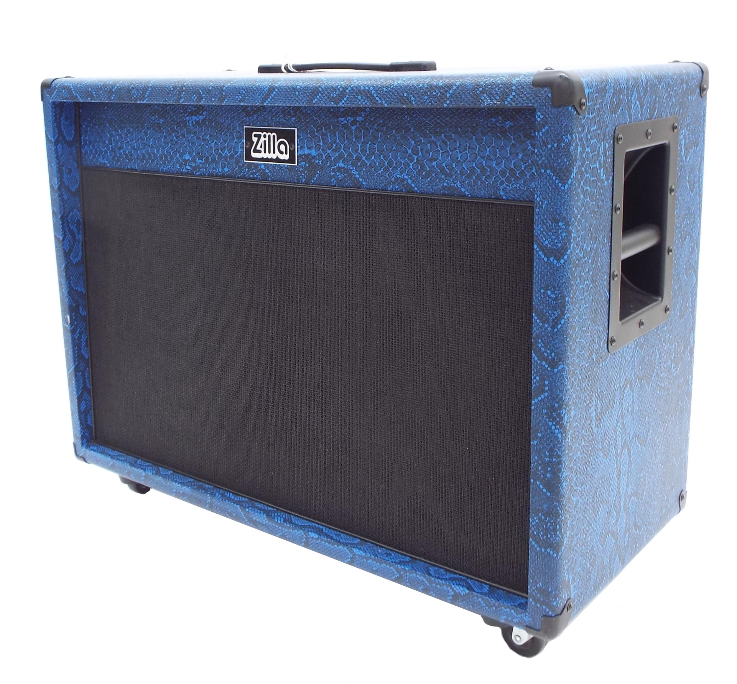 Zilla Custom Cab, enclosing a pair of Celestion V3S 12" speakers, blue snakeskin tolex, stereo