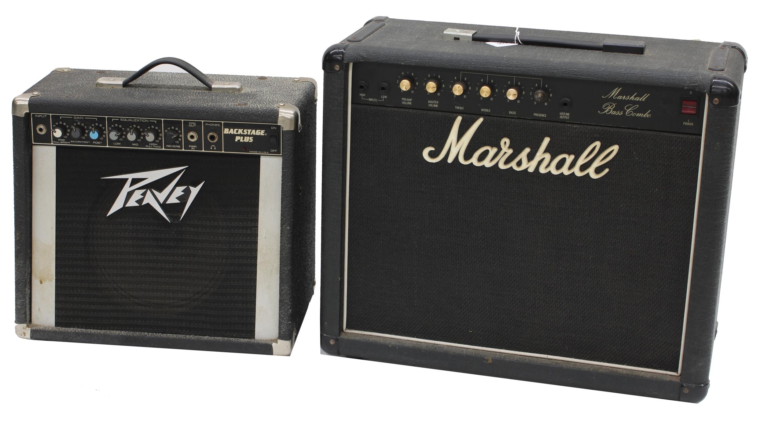 1990 Marshall Bass Combo guitar amplifier; together with a Peavey Backstage Plus guitar amplifier (