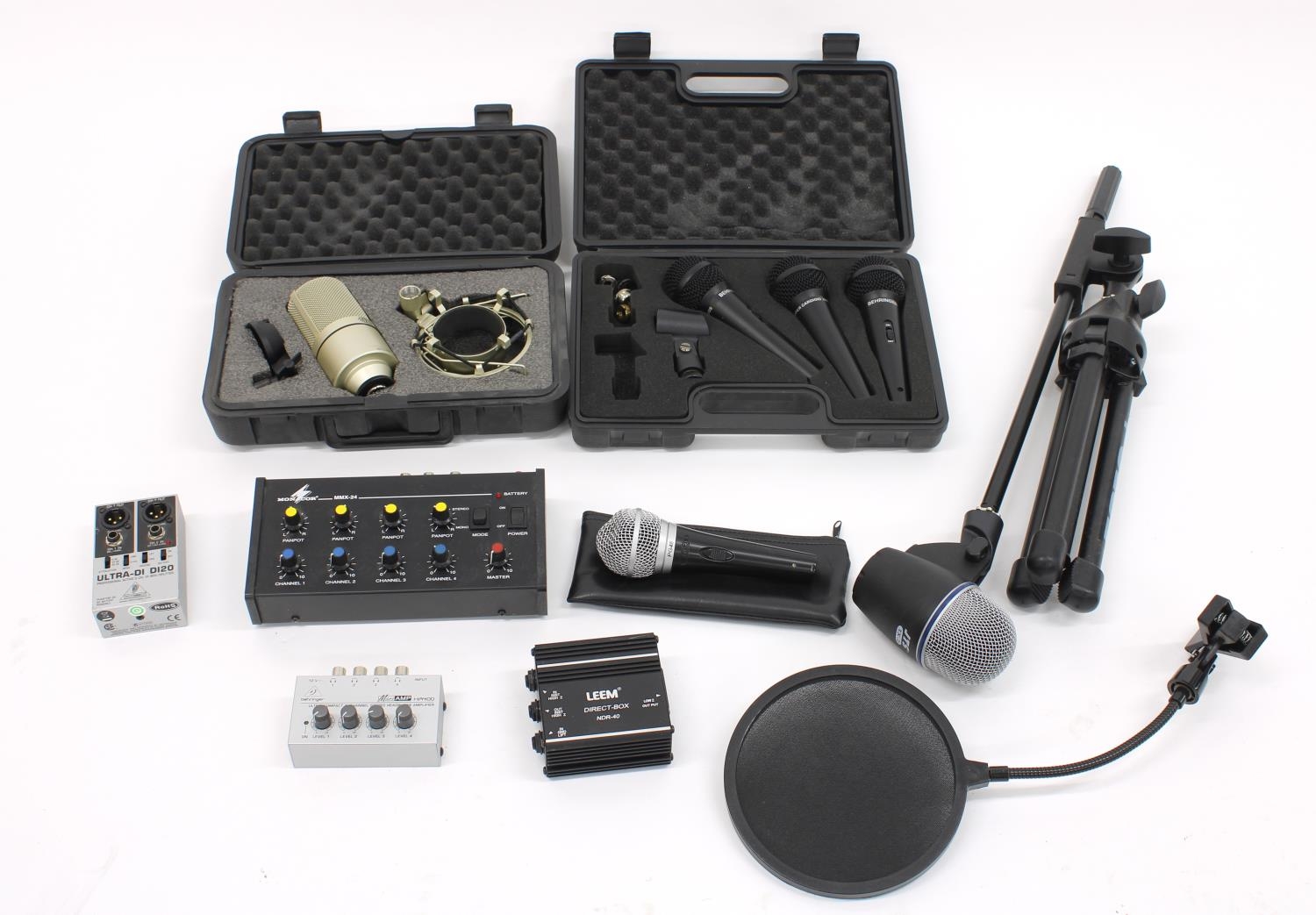 Selection of audio microphones to include a JTS TX-2 kick drum microphone, an MXL900 condenser