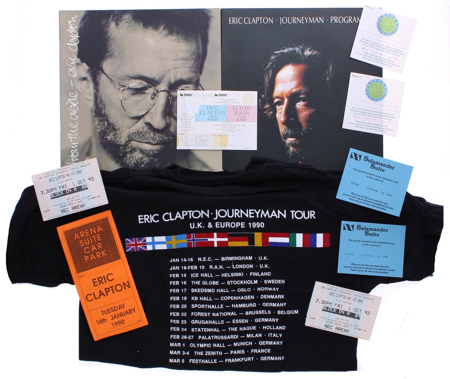 Eric Clapton - selection of Eric Clapton ephemera to include tickets, passes, tour T-shirt and two