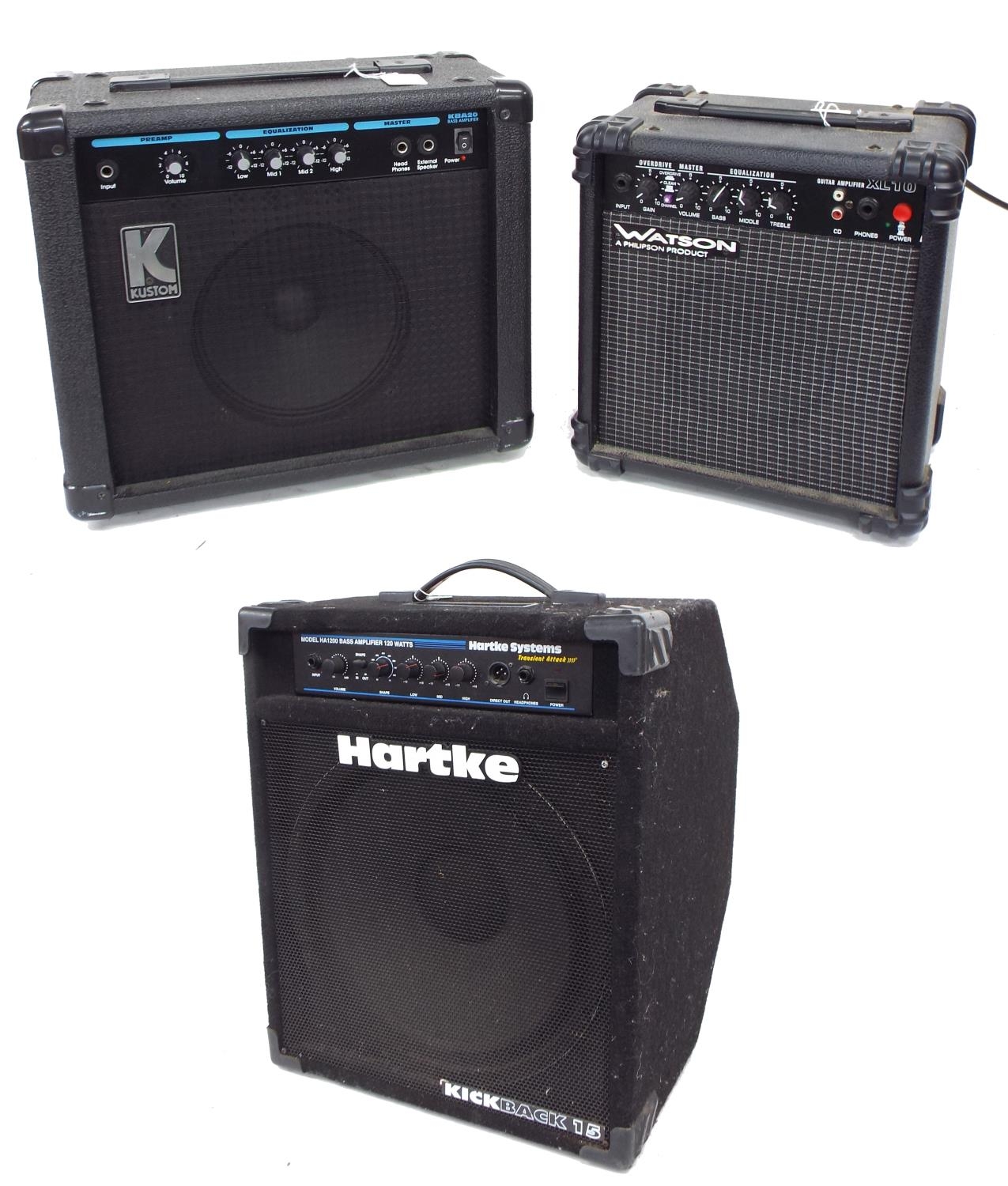 Kustom KBA20 bass guitar amplifier, boxed; together with a Watson XL10 guitar amplifier and a Hartke