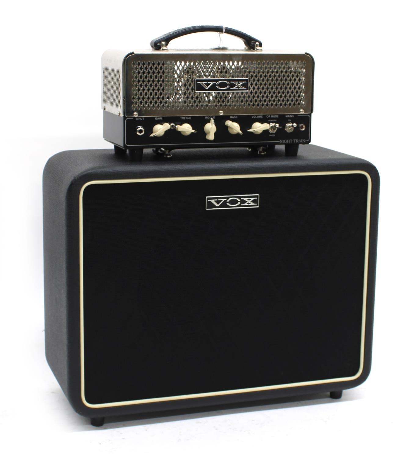 Vox Night Train NT15H guitar amplifier head, gig bag; together with a Vox V112NT guitar amplifier