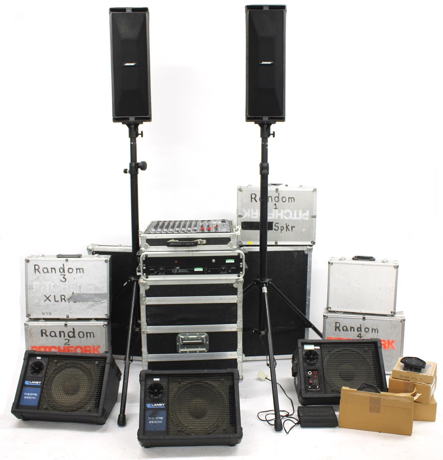 Good quality PA system comprising a pair of Bose 402 speakers, a set of three Laney Theatre wedge