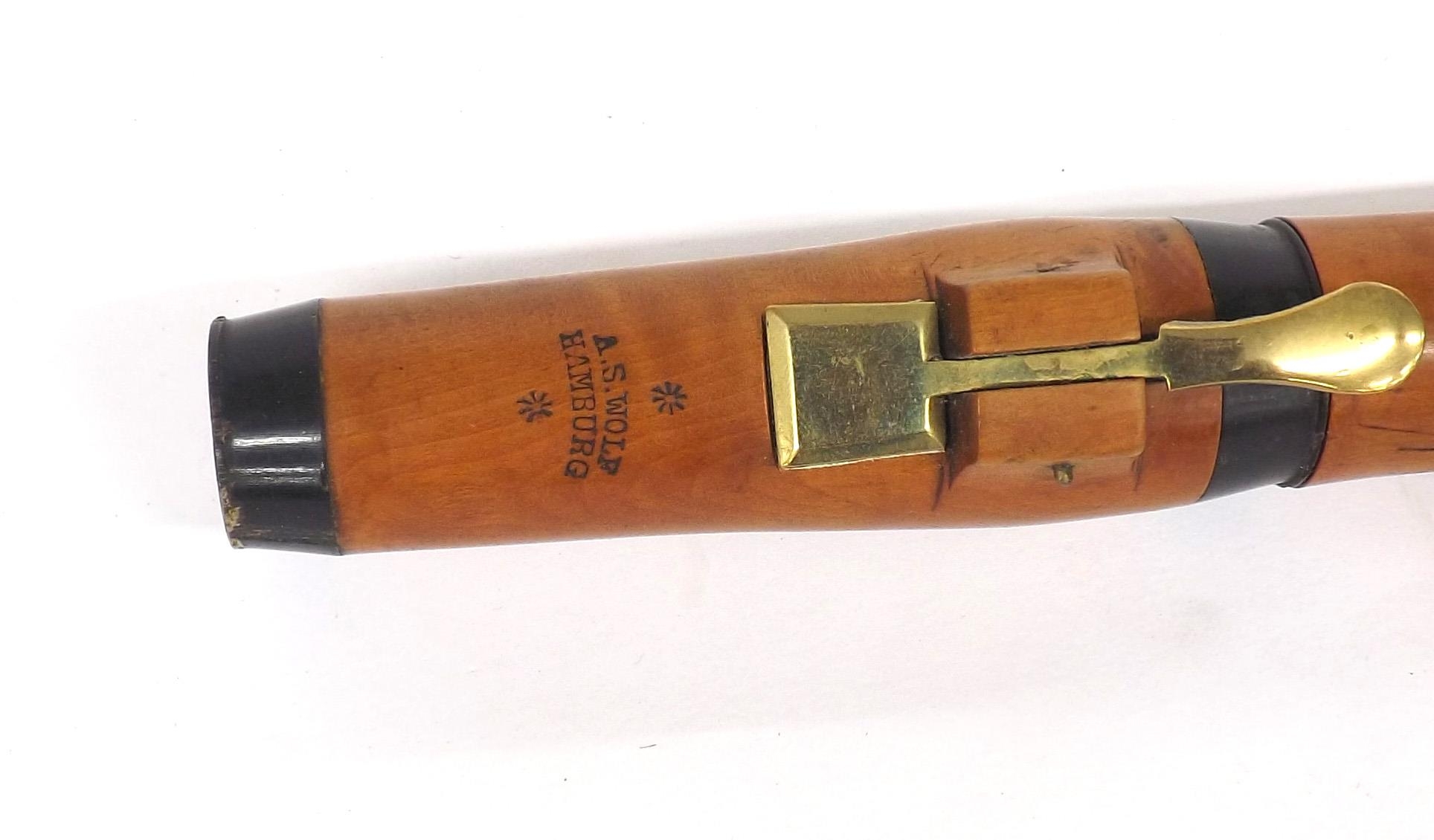 Boxwood flute with horn mounts and five brass keys (F key with double touch), stamped A.S. Wolf, - Image 3 of 4