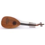 Interesting German seventeen string theorbo lute circa 1900, with segmented satinwood maple back and