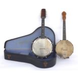 Savana banjo mandolin with resonator and 8" skin, case; also a ukulele banjo with 8" skin (2)