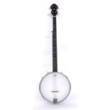 Pilgrim five string banjo, with 11" skin and mother of pearl dot inlay to the fretboard