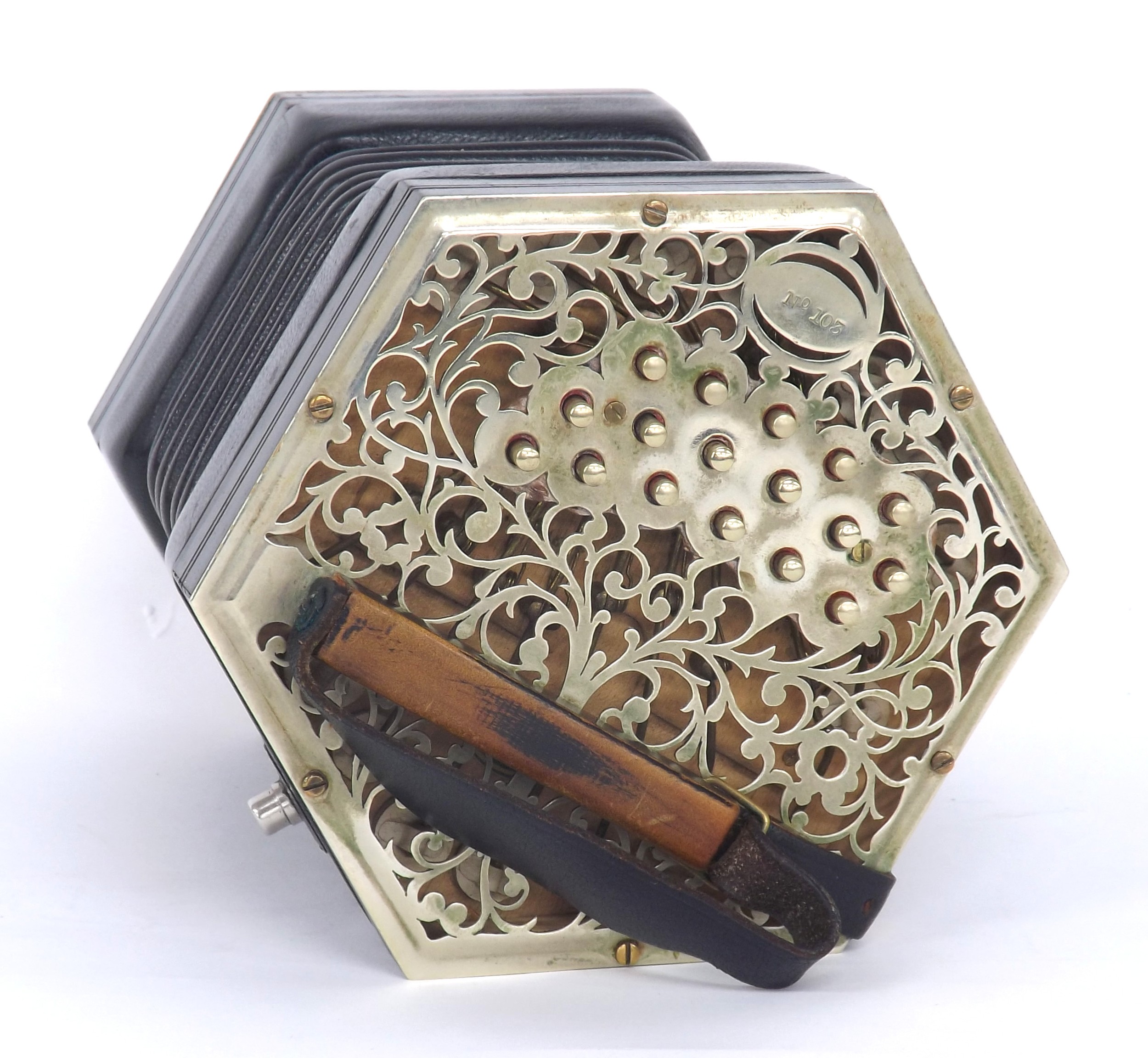 Fine Anglo concertina by and labelled Colin Dipper, no. 103, with thirty-four metal buttons on - Image 3 of 6