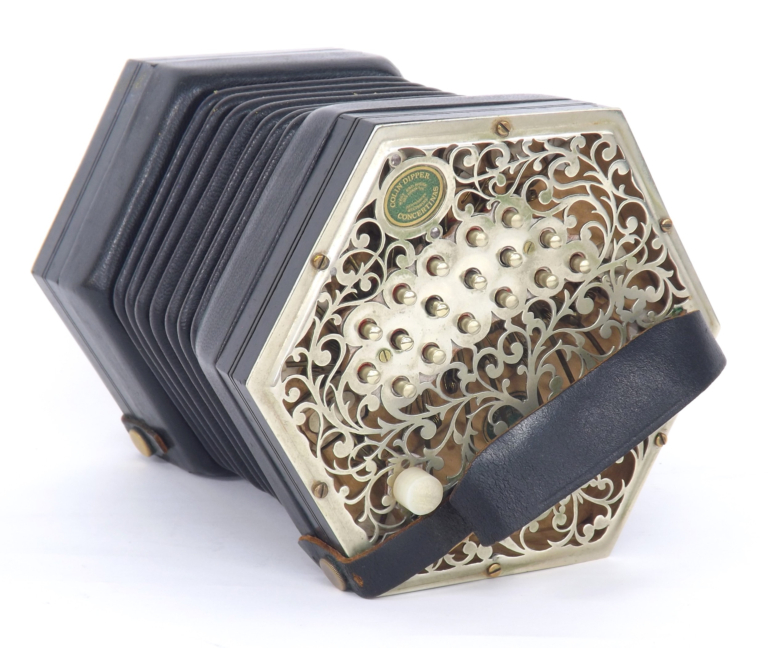 Fine Anglo concertina by and labelled Colin Dipper, no. 103, with thirty-four metal buttons on