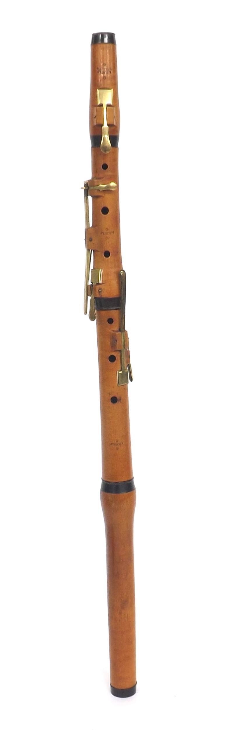 Boxwood flute with horn mounts and five brass keys (F key with double touch), stamped A.S. Wolf, - Image 2 of 4