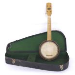 Jedson ukulele banjo, with 6.25" skin and oval maker's plaque fixed to the head, case