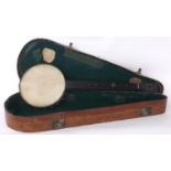 19th century six string fretless banjo, with twenty-one resonator hooks (three missing), mother of