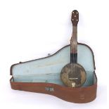 Unusual small tack head six string banjo, with 7.5" skin and coloured wood inlaid banding to the