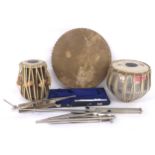 Two old Tabla drums with 8.5" and 5.5" skins; also a bodhran type hand-held drum with 18.25" skin,