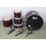 Pearl Forum Series five piece drum kit, burgundy finish, with three pedals but no other hardware