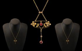 Victorian Period - Attractive and Petite 9ct Gold Seed Pearl and Garnet Set Pendant Drop with