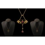 Victorian Period - Attractive and Petite 9ct Gold Seed Pearl and Garnet Set Pendant Drop with