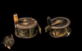 Pair of Small Antique Brass & Tin Fishing Reels, in working order. Spool 2" diameter.