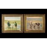 Pair of 20th Century Oil Paintings on Canvas Depicting Beach Scene with Children Sailing Boats In