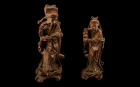 Pair of Small Chinese Antique Carved Root-Wood Figures of Dietys, With Inlaid Horn Eyes,