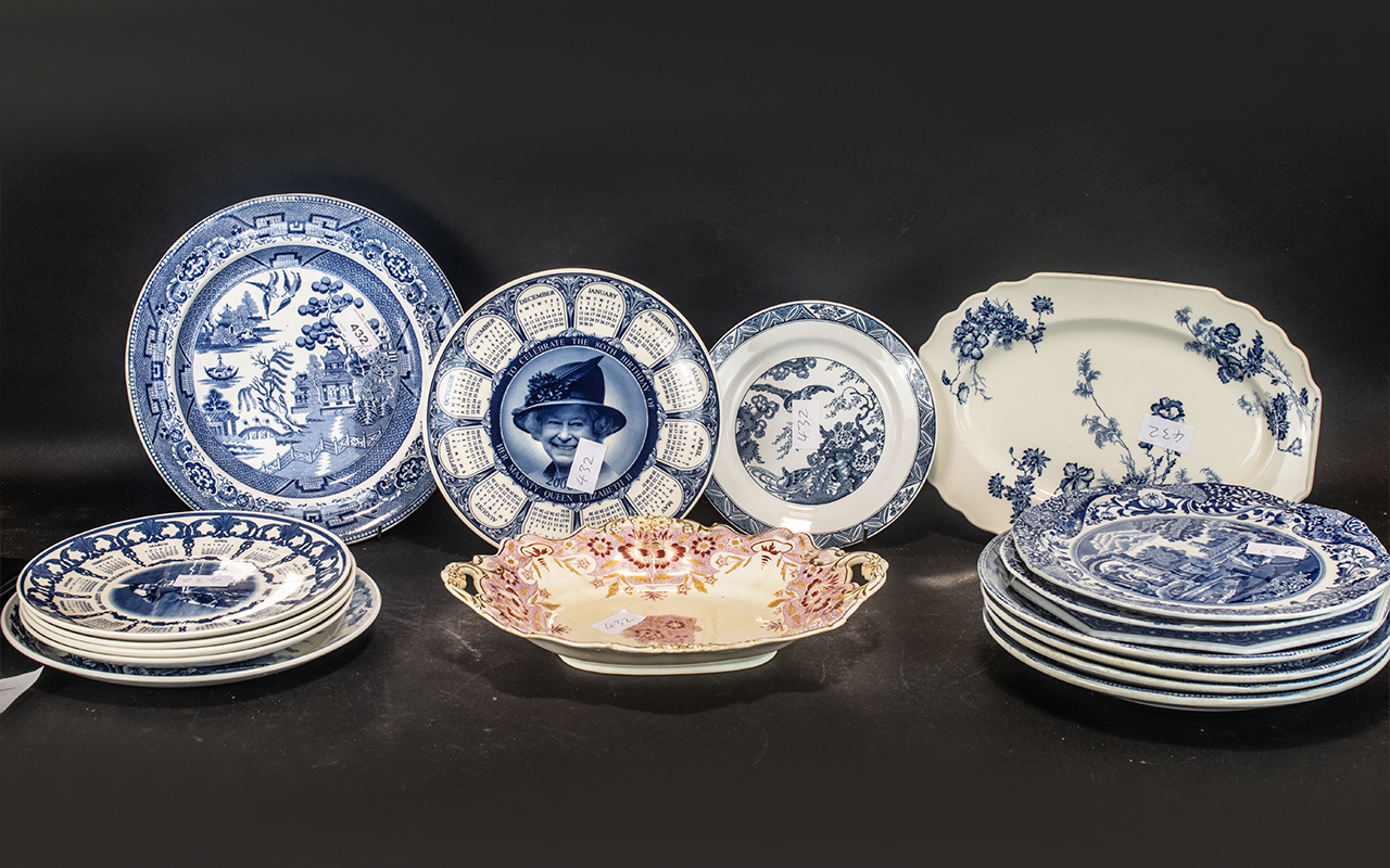 Miscellaneous Collection of Plates, five Staffordshire blue and white Willow pattern plates, 11''