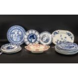 Miscellaneous Collection of Plates, five Staffordshire blue and white Willow pattern plates, 11''