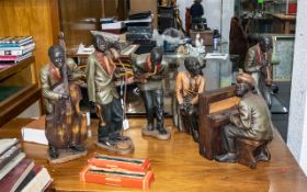 Set of Six Vintage Decorated Resin Figures of a Black Jazz Band, of large size, comprising Piano/