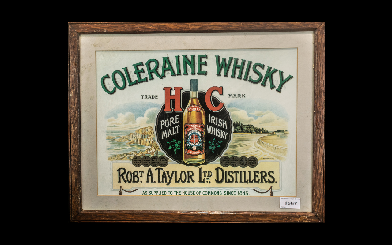 Coleraine Irish Whiskey Printed Paper Sign. H C Trade Mark.