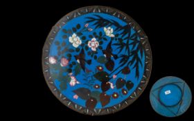 Antique Japanese Cloisonne Enamel Charger Decorated on a Blue Ground Depicting Birds Amongst Flower,