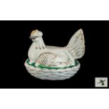Staffordshire Antique Pottery Hen on Nest the base in a moulded weave nest design,