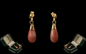 Ladies Attractive Pair of 9ct Gold and Coral Tear Drops Set Earrings. Marked to Each Earring 9ct.