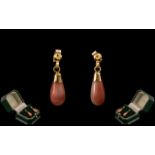 Ladies Attractive Pair of 9ct Gold and Coral Tear Drops Set Earrings. Marked to Each Earring 9ct.