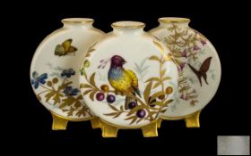 Royal Worcester Superb Quality Hand Painted Porcelain Triple Moon Flask Vases. c.1880.