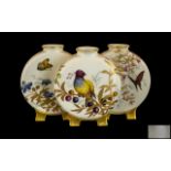 Royal Worcester Superb Quality Hand Painted Porcelain Triple Moon Flask Vases. c.1880.