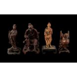 Chinese Rootwood Carved Figures. Collection of antique carved deity figure groups, tallest 6".