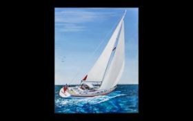 Modern Oil on Canvas Seascape of Red Herring sail boat, signed by Paul Harding 09.